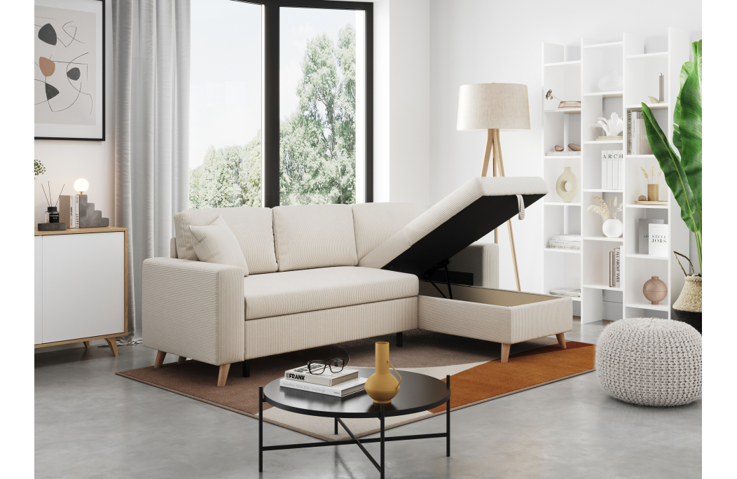 Canapé d'angle MARIA SCANDINAVE réversible convertible avec coffre en velours côtelé