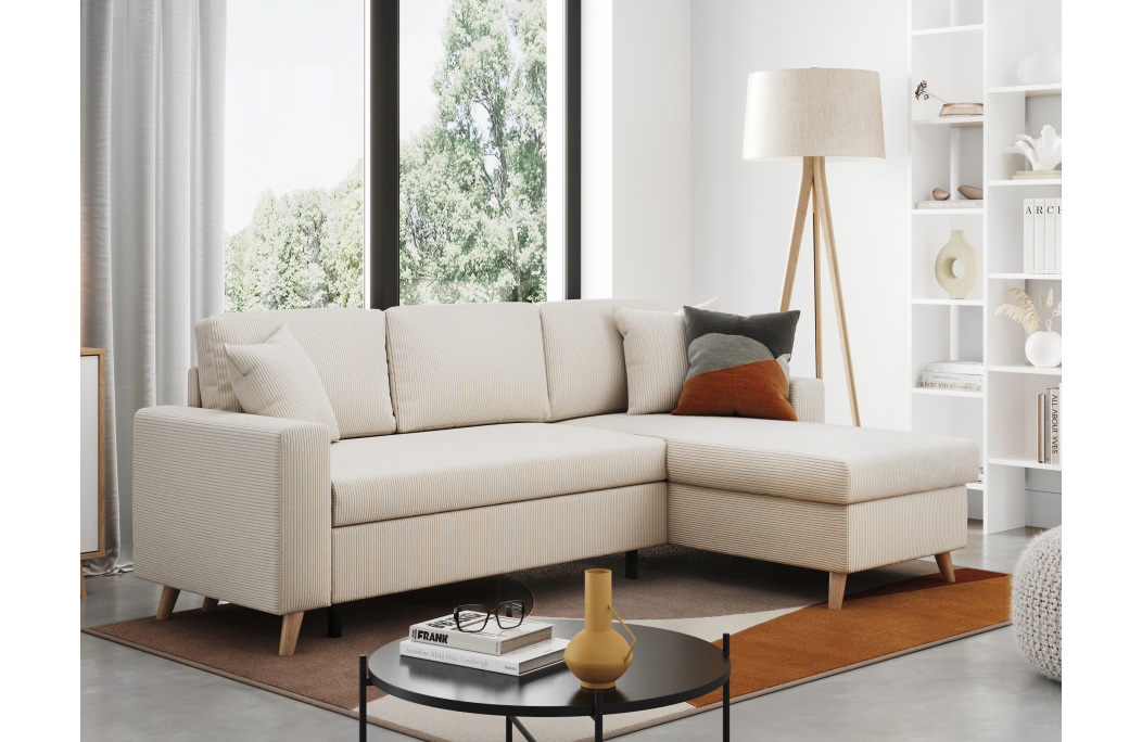 Canapé d'angle MARIA SCANDINAVE réversible convertible avec coffre en velours côtelé