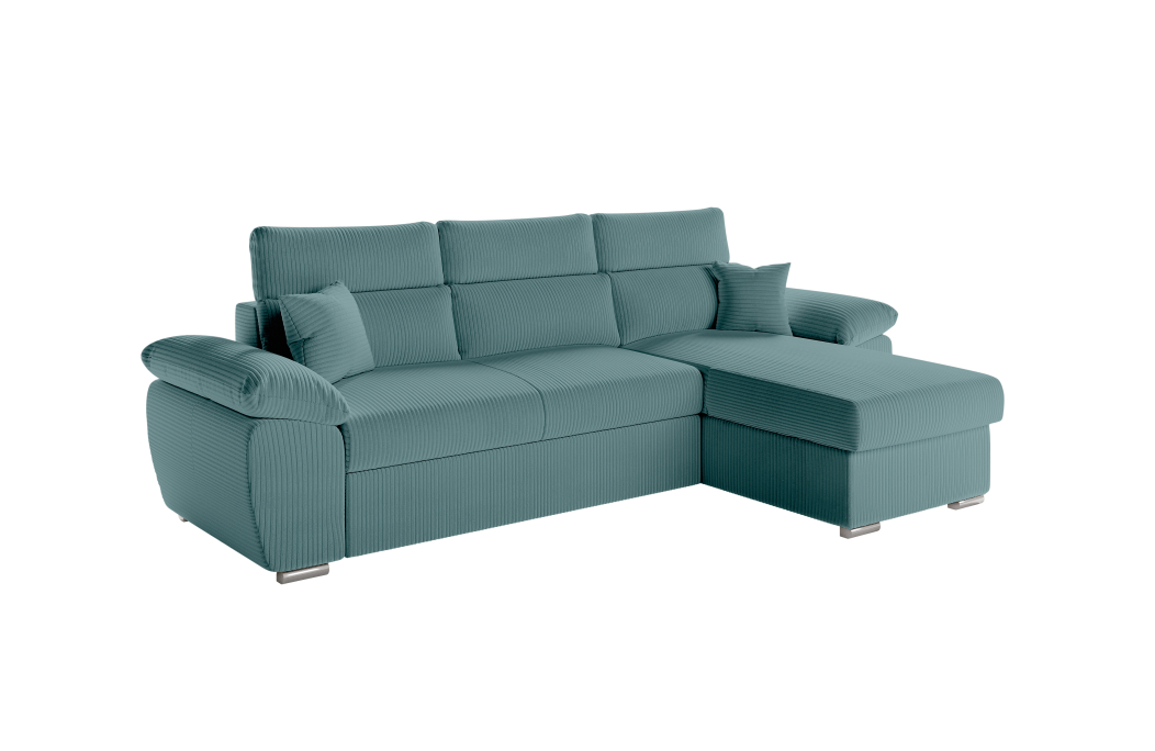 Canapé KOMECO d'angle reversible convertible avec coffre et têtières réglables en velours côtelé