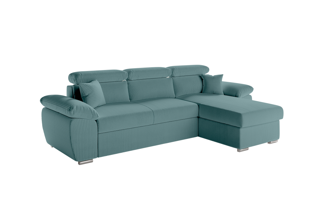 Canapé KOMECO d'angle reversible convertible avec coffre et têtières réglables en velours côtelé