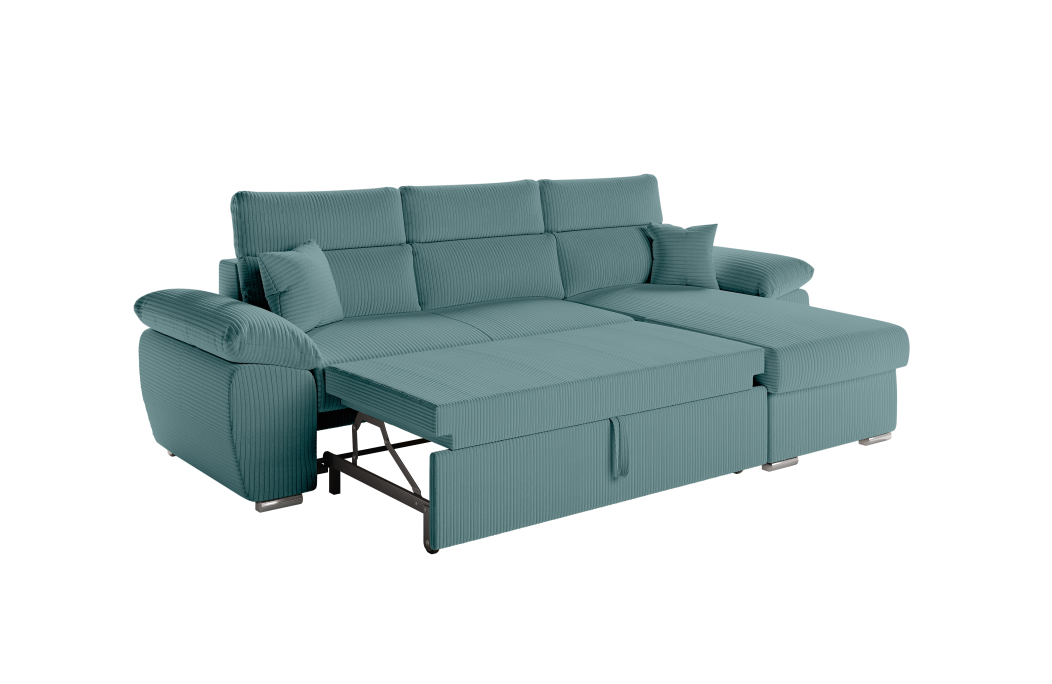 Canapé KOMECO d'angle reversible convertible avec coffre et têtières réglables en velours côtelé
