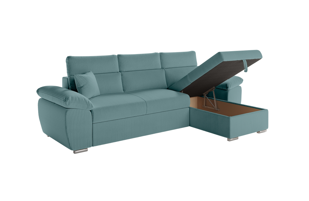 Canapé KOMECO d'angle reversible convertible avec coffre et têtières réglables en velours côtelé