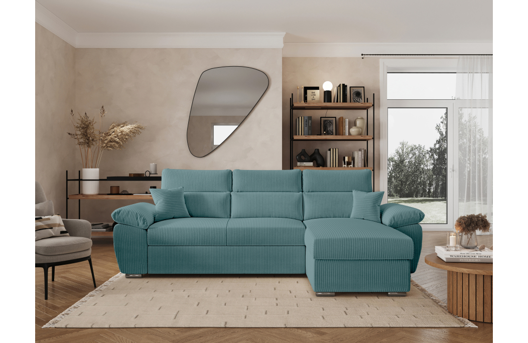 Canapé KOMECO d'angle reversible convertible avec coffre et têtières réglables en velours côtelé