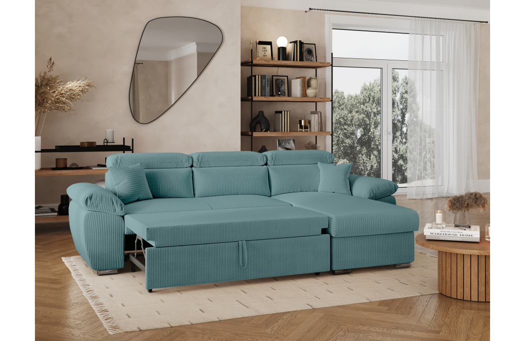 Canapé KOMECO d'angle reversible convertible avec coffre et têtières réglables en velours côtelé