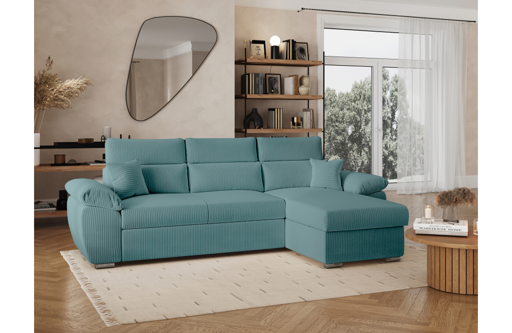 Canapé KOMECO d'angle reversible convertible avec coffre et têtières réglables en velours côtelé