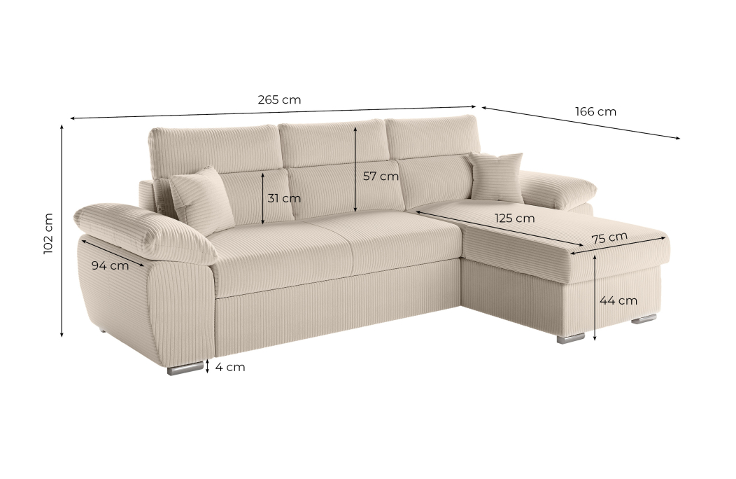 Canapé KOMECO d'angle reversible convertible avec coffre et têtières réglables en velours côtelé