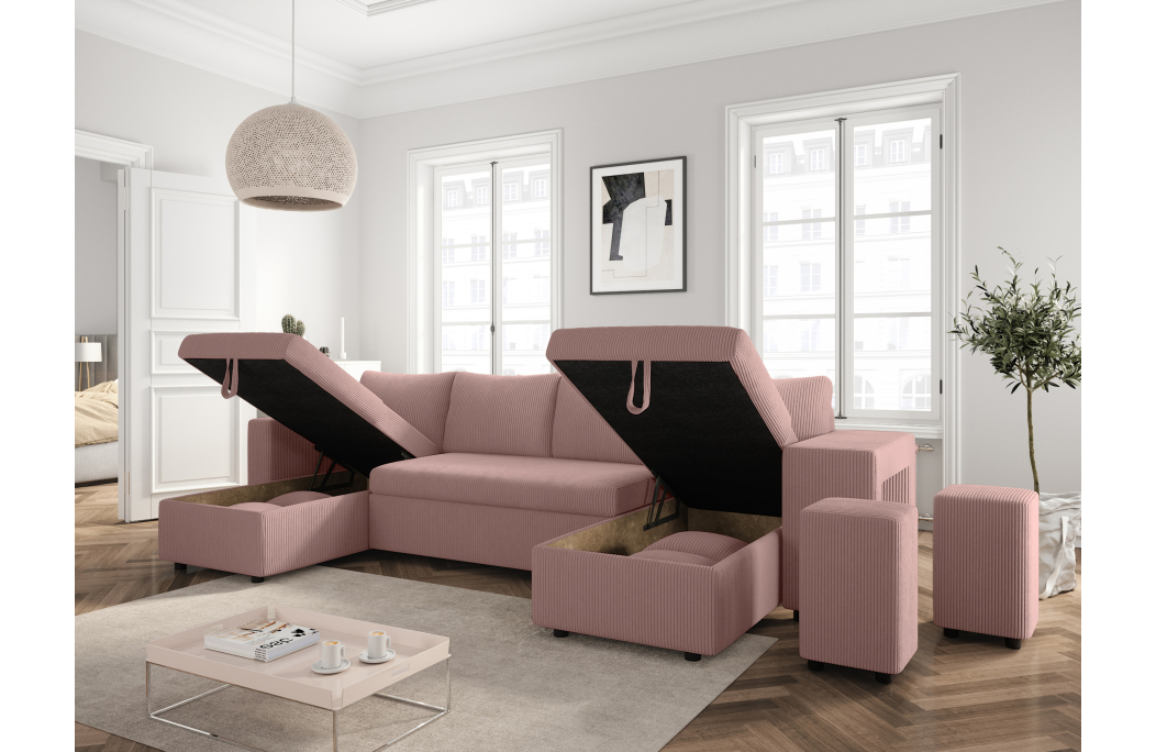 Canapé d'angle panoramique OSLO convertible avec 2 coffres et 2 poufs en velours côtelé