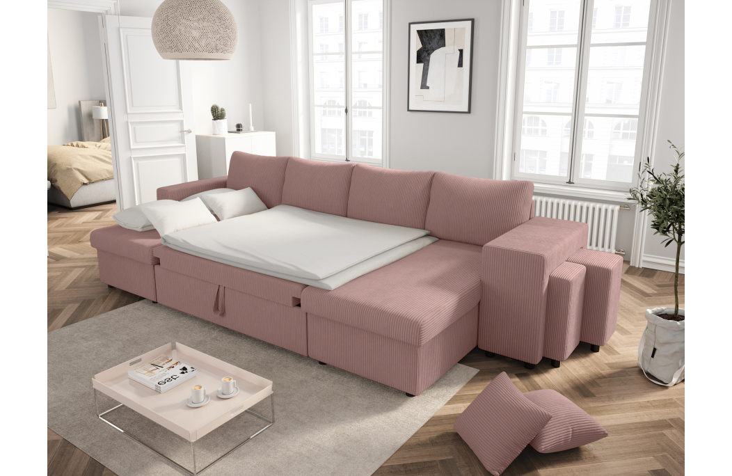Canapé d'angle panoramique OSLO convertible avec 2 coffres et 2 poufs en velours côtelé