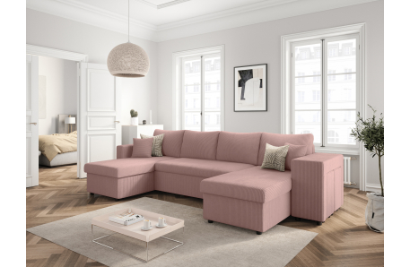 Canapé d'angle panoramique OSLO convertible avec 2 coffres et 2 poufs en velours côtelé