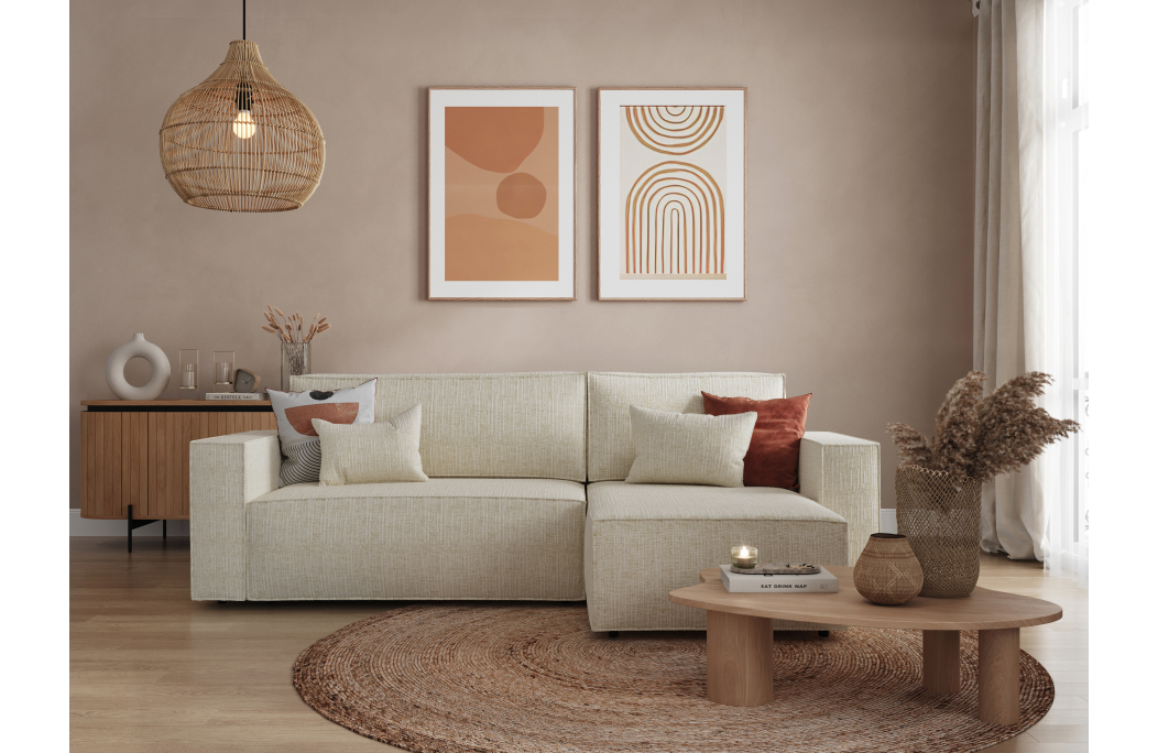 CLARISSE - Canapé d'angle convertible réversible avec coffre en tissu texturé 3D