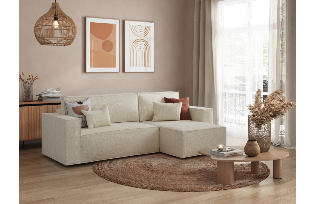 CLARISSE - Canapé d'angle convertible réversible avec coffre en tissu texturé 3D