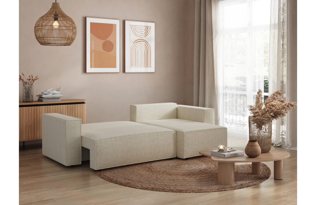 CLARISSE - Canapé d'angle convertible réversible avec coffre en tissu texturé 3D