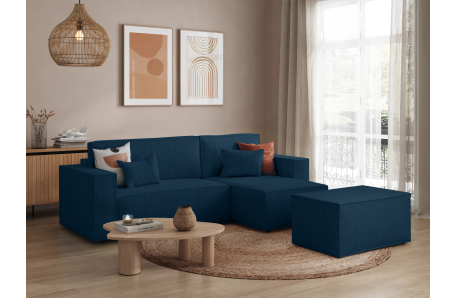 PACK CLARISSE - Canapé d'angle convertible réversible avec pouf en tissu texturé 3D