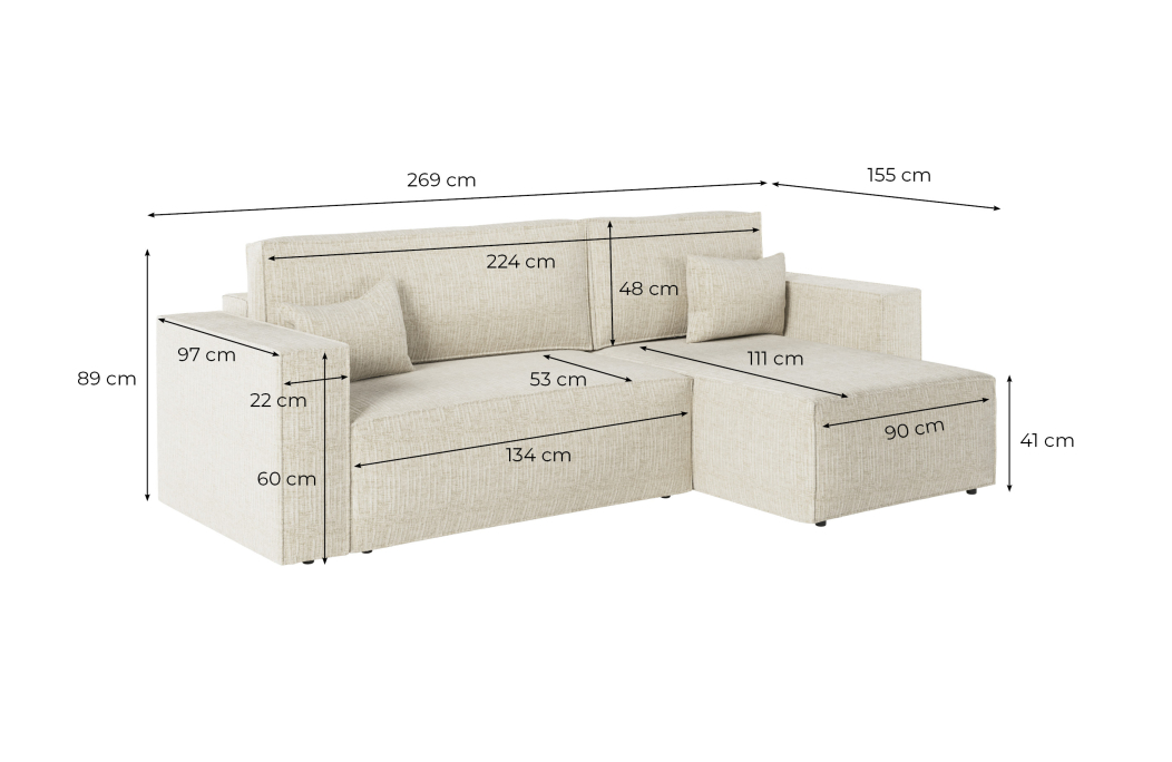PACK CLARISSE - Canapé d'angle convertible réversible avec pouf en tissu texturé 3D