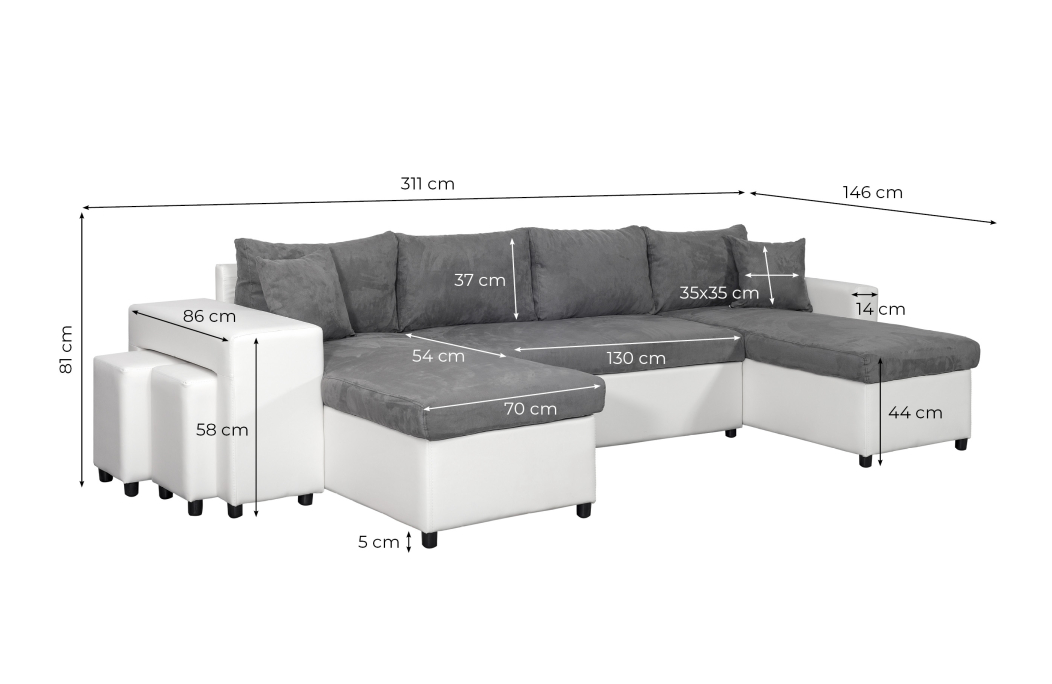 Canapé d'angle panoramique OSLO convertible avec coffres et poufs en simili et microfibre