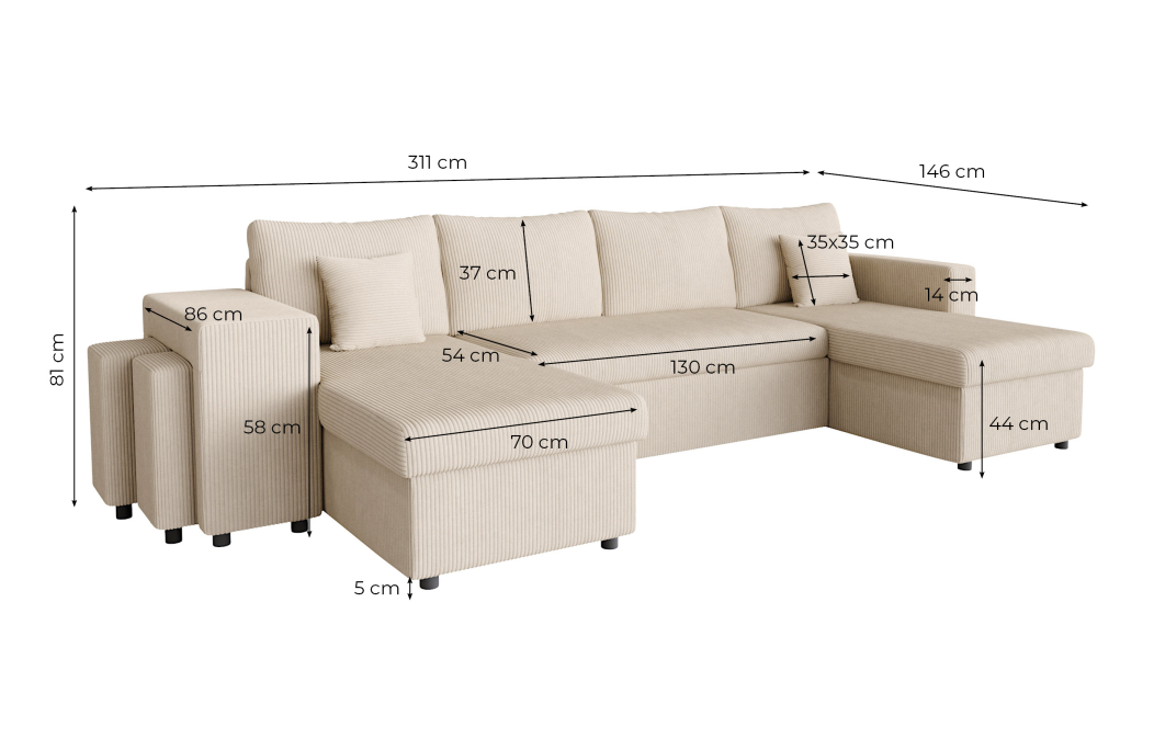 Canapé d'angle panoramique OSLO convertible avec 2 coffres et 2 poufs en velours côtelé