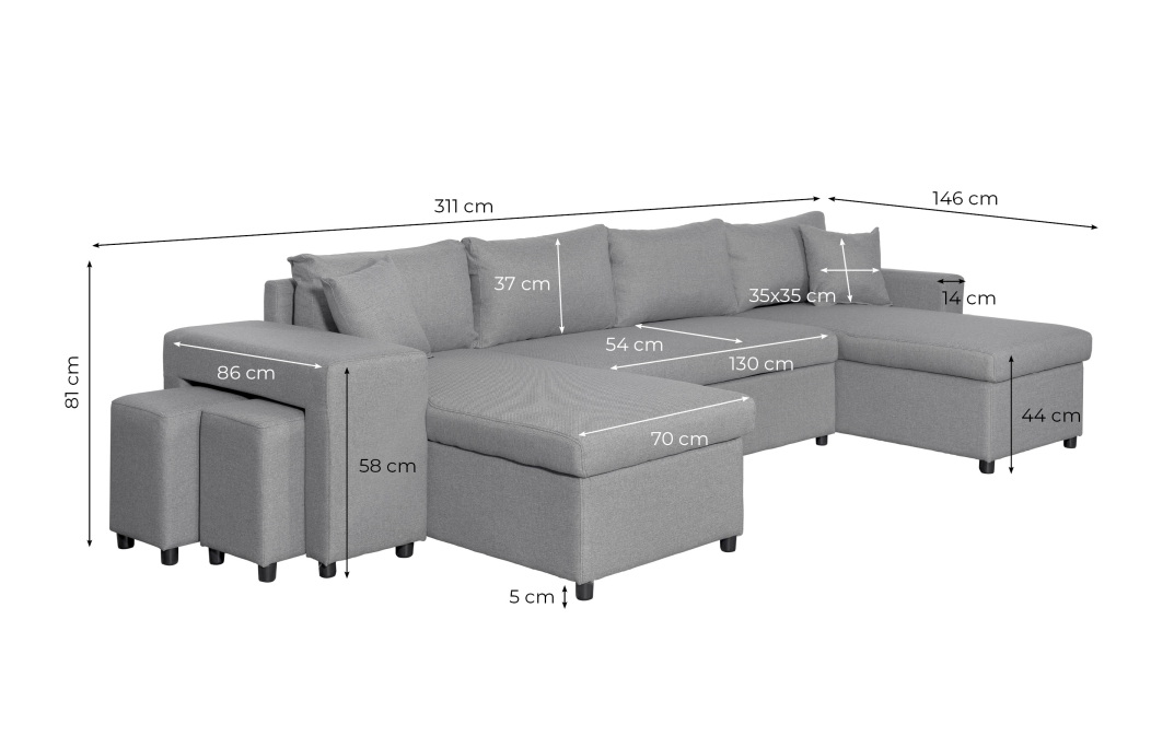 Canapé d'angle panoramique OSLO convertible avec coffres et poufs en tissu