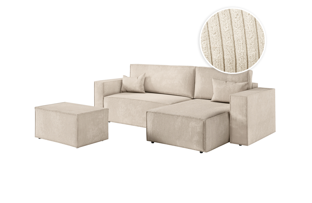 PACK - CLARISSE - Canapé d'angle convertible réversible avec pouf en velours côtelé