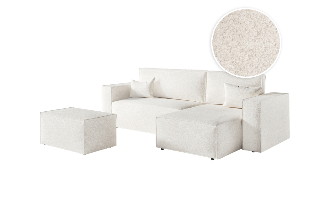 PACK - CLARISSE - Canapé d'angle convertible réversible avec pouf en tissu bouclette