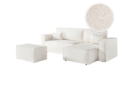PACK - CLARISSE - Canapé d'angle convertible réversible avec pouf en tissu bouclette