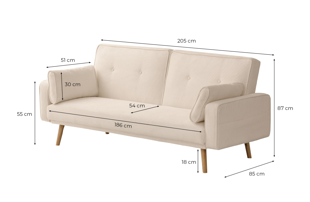 Canapé droit scandinave ELGA convertible 3 places en velours côtelé