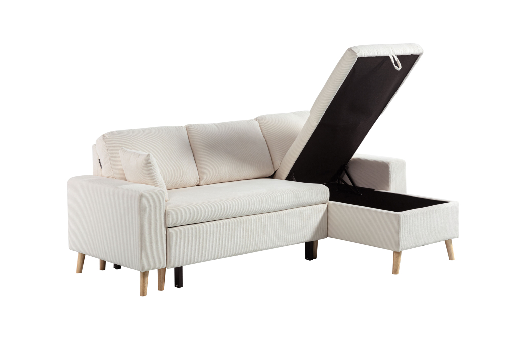 Canapé d'angle 3 places réversible et convertibleMARIA SCANDINAVE avec coffre en velours côtelé