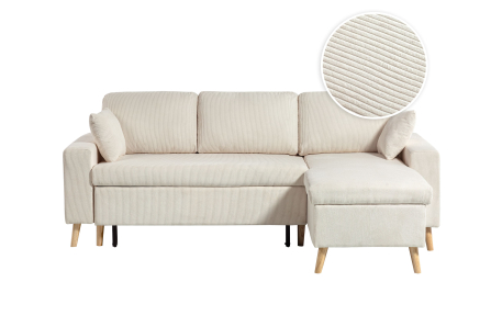Canapé d'angle 3 places réversible et convertibleMARIA SCANDINAVE avec coffre en velours côtelé