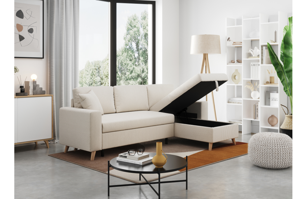 Canapé d'angle 3 places réversible et convertibleMARIA SCANDINAVE avec coffre en velours côtelé
