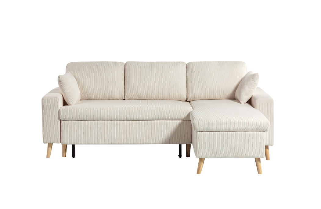 Canapé d'angle 3 places réversible et convertibleMARIA SCANDINAVE avec coffre en velours côtelé