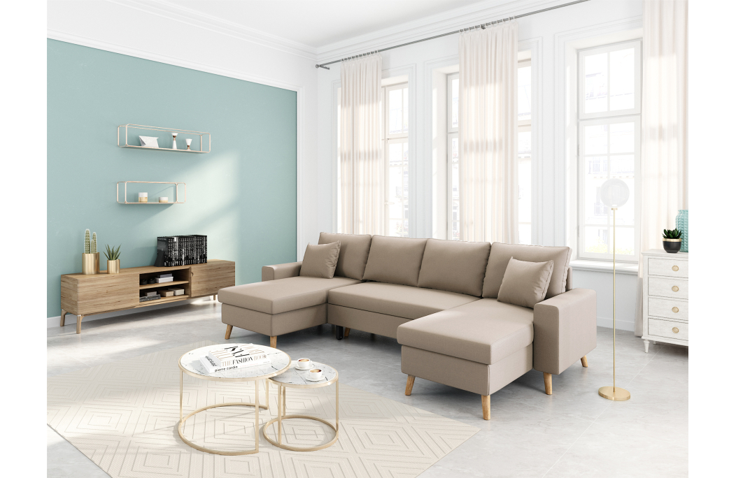 Canapé d'Angle Panoramique 6 places MARIA SCANDINAVE Convertible en Tissu Déperlant
