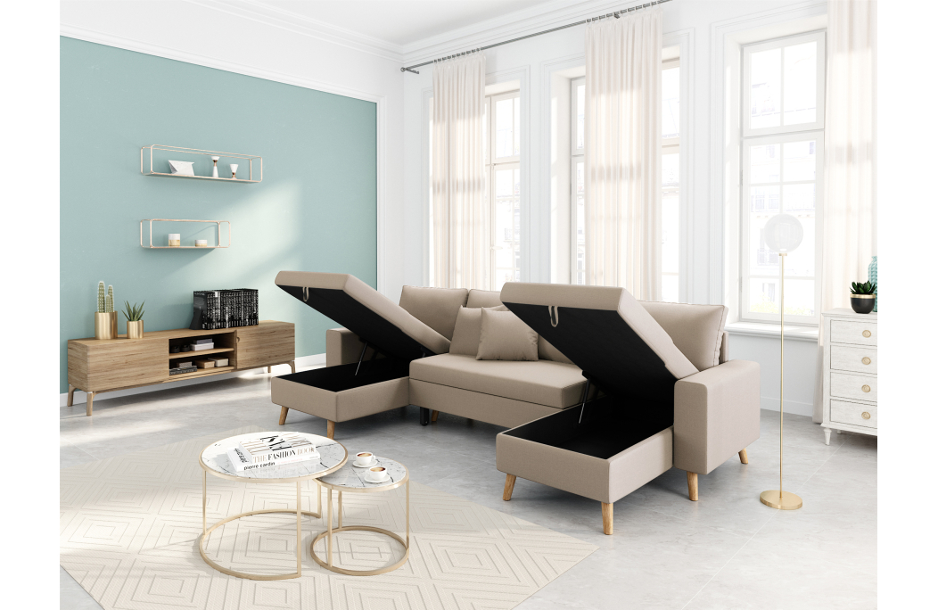 Canapé d'Angle Panoramique 6 places MARIA SCANDINAVE Convertible en Tissu Déperlant