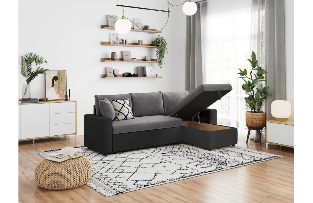 Canapé d'Angle MARIA Réversible et Convertible avec Coffre en simili et microfibre