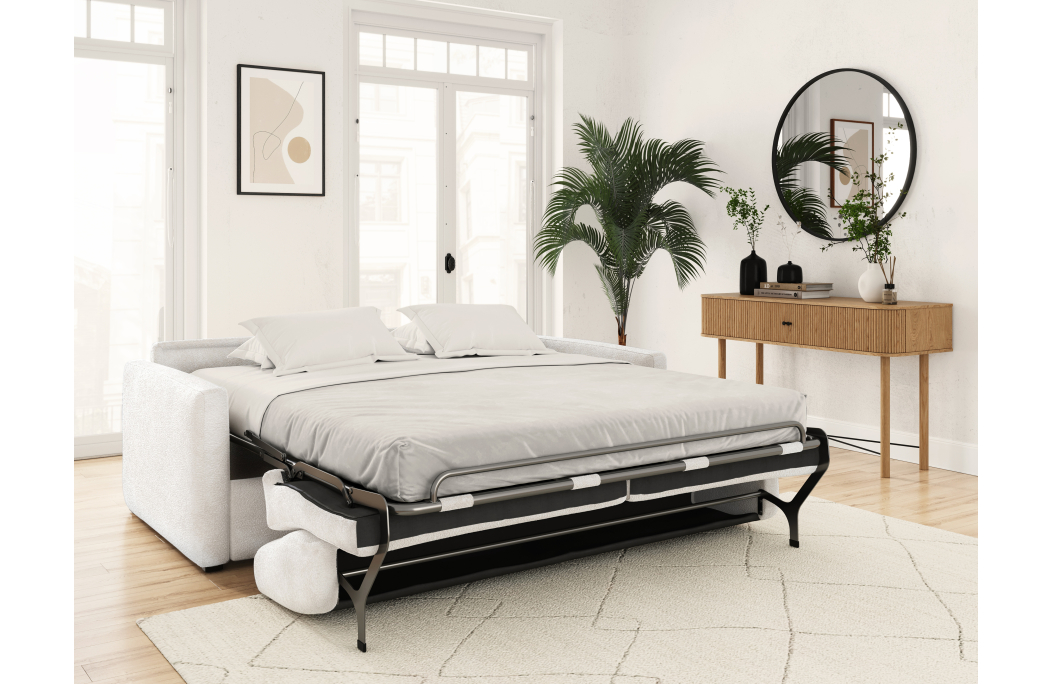 Canapé convertible AGATHE système couchage express en tissu bouclette - Matelas épaisseur 13cm