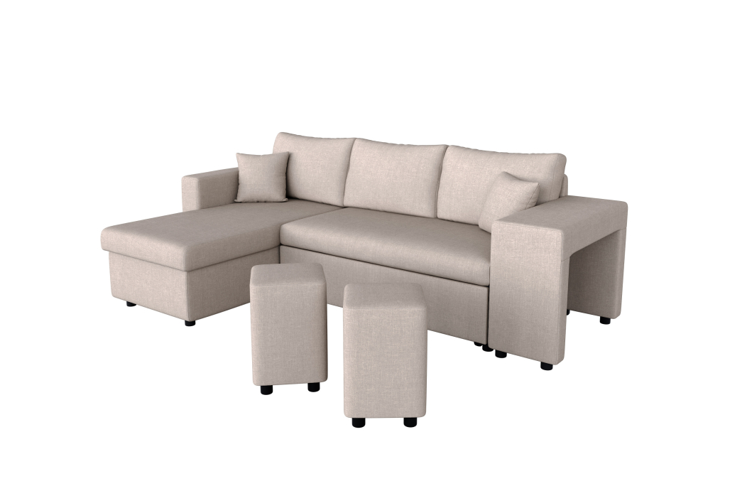 Canapé d'angle OSLO convertible avec coffre et poufs en tissu