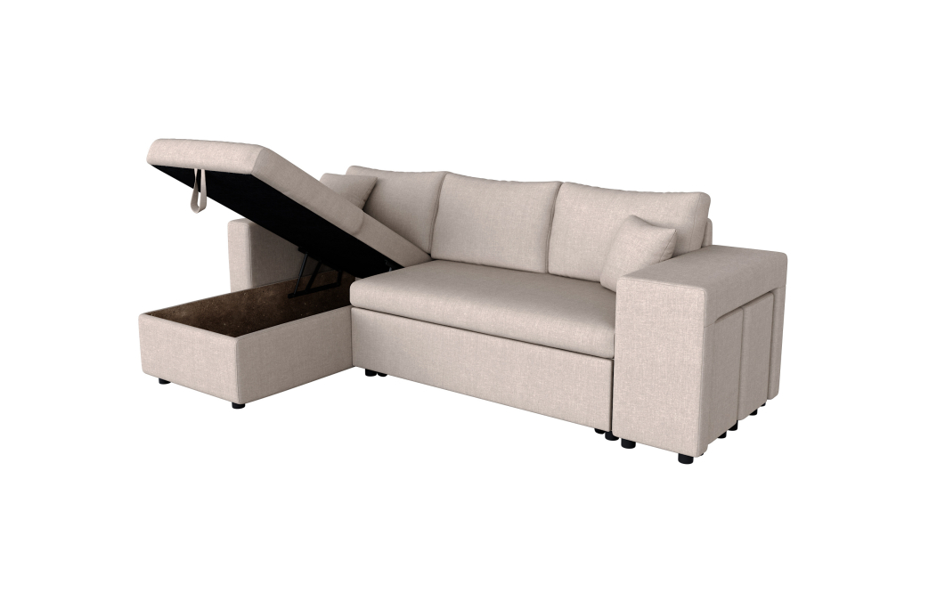 Canapé d'angle OSLO convertible avec coffre et poufs en tissu