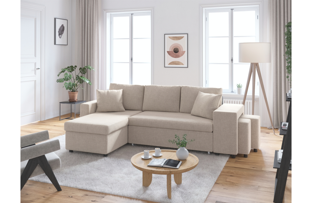 Canapé d'angle OSLO convertible avec coffre et poufs en tissu
