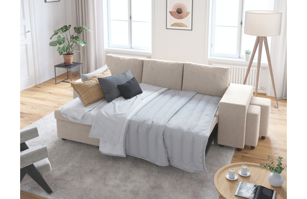 Canapé d'angle OSLO convertible avec coffre et poufs en tissu