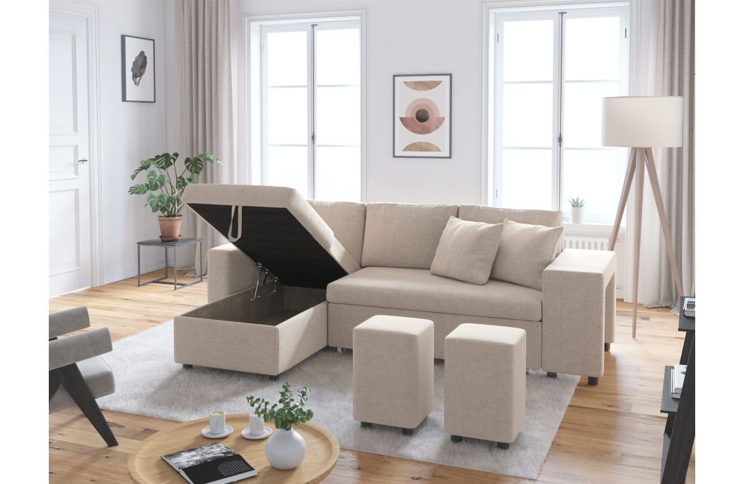 Canapé d'angle OSLO convertible avec coffre et poufs en tissu