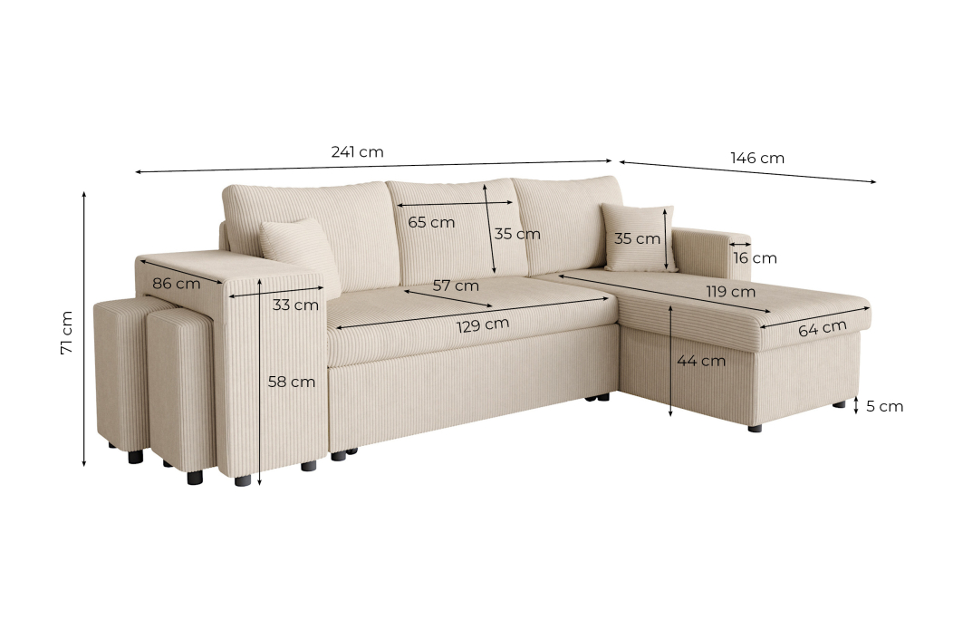 Canapé d'angle réversible convertible OSLO avec coffre et 2 poufs en velours côtelé