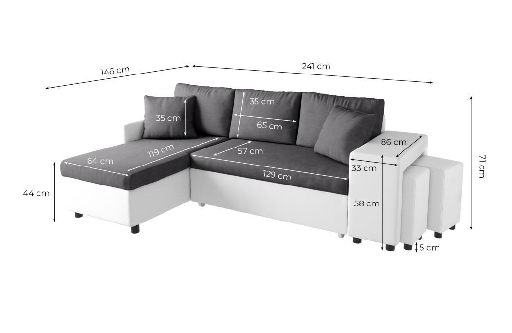 Canapé d'angle OSLO convertible avec coffre et poufs en tissu et simili