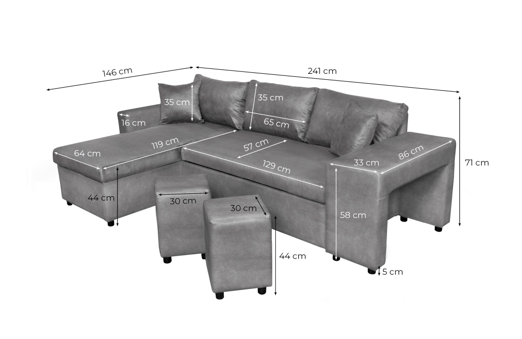 Canapé d'angle OSLO convertible avec coffre et poufs en microfibre
