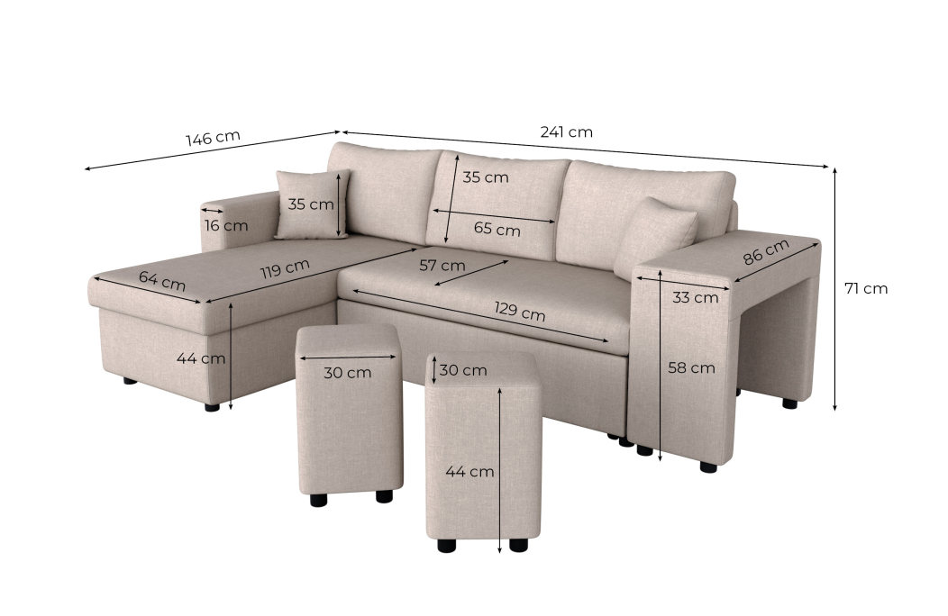 Canapé d'angle OSLO convertible avec coffre et poufs en tissu
