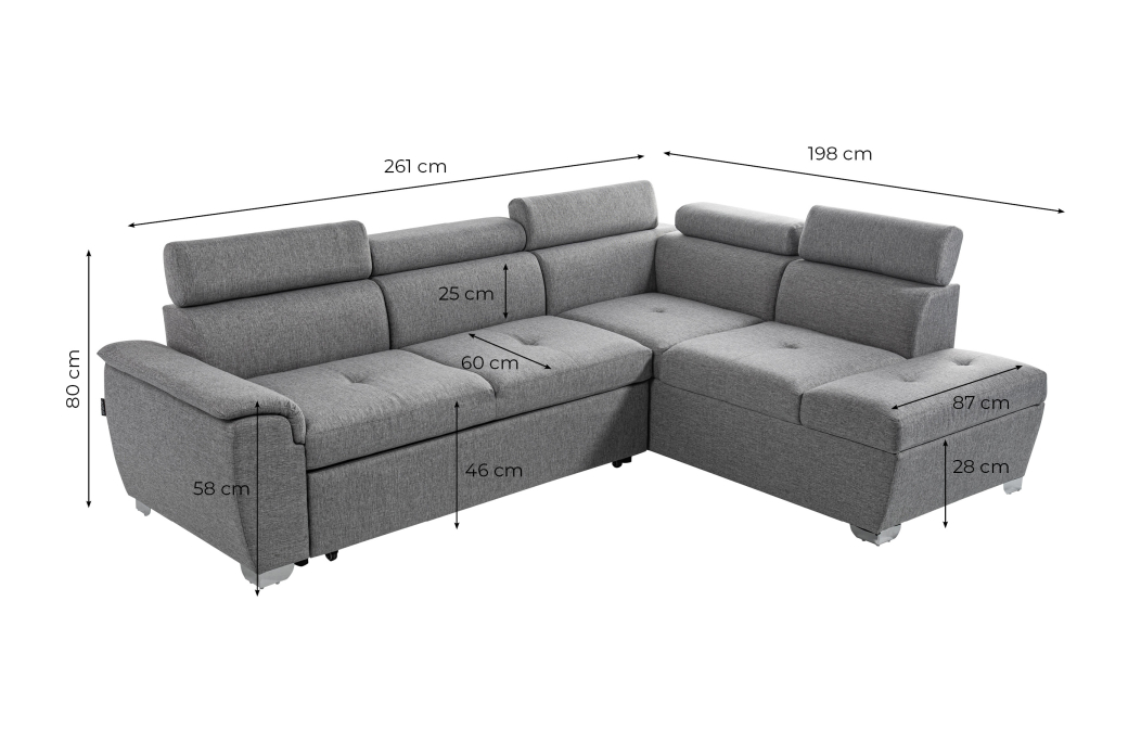 Canapé d'angle PAOLA convertible, 4 places avec coffre en tissu