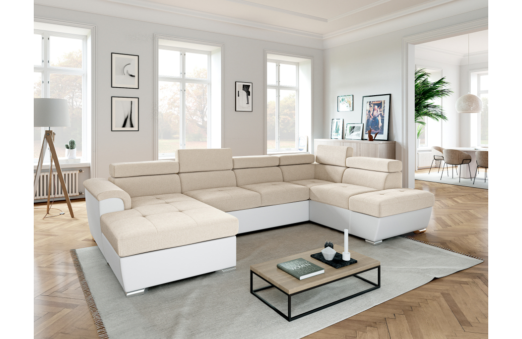 Canapé panoramique PAOLA convertible avec 2 coffres en tissu Easy Clean et simili