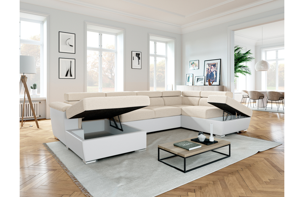 Canapé panoramique PAOLA convertible avec 2 coffres en tissu Easy Clean et simili