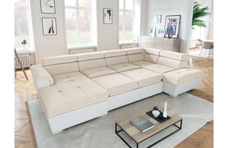 Canapé panoramique PAOLA convertible avec 2 coffres en tissu Easy Clean et simili