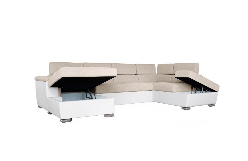 Canapé panoramique PAOLA convertible avec 2 coffres en tissu Easy Clean et simili