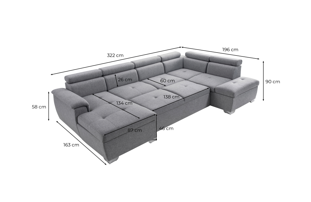 Canapé panoramique PAOLA convertible avec 2 coffres en tissu Easy Clean et simili