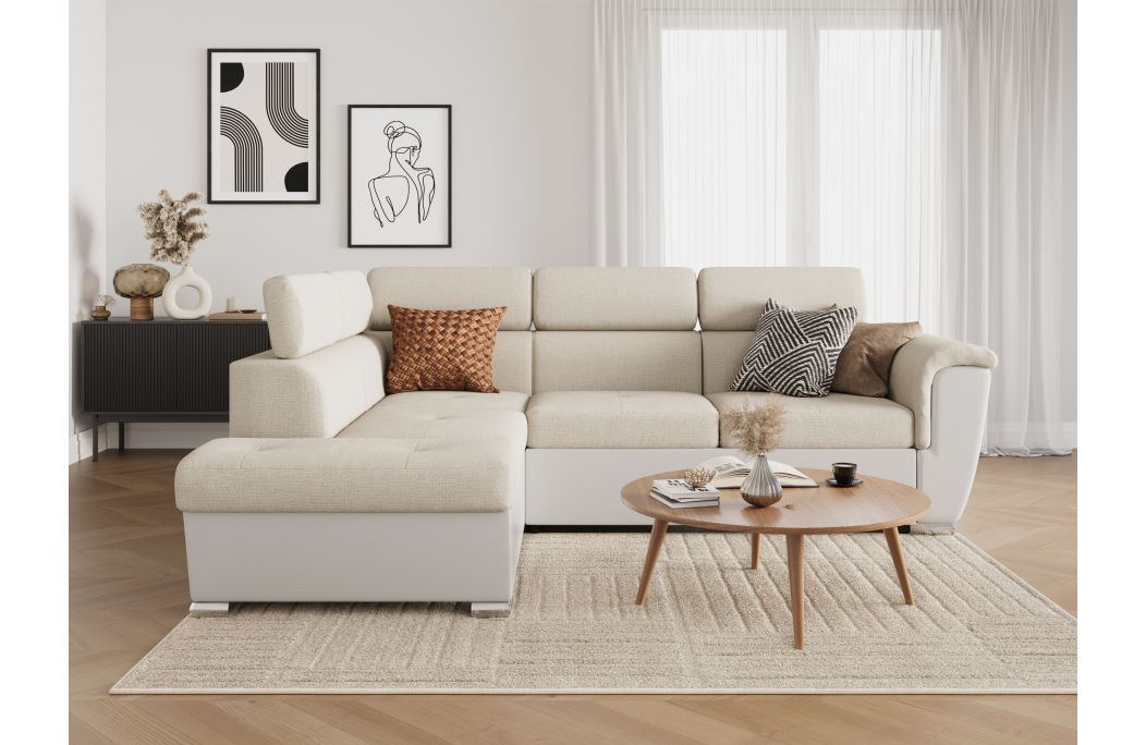 Canapé d'angle PAOLA convertible avec coffre en tissu Easy Clean et simili