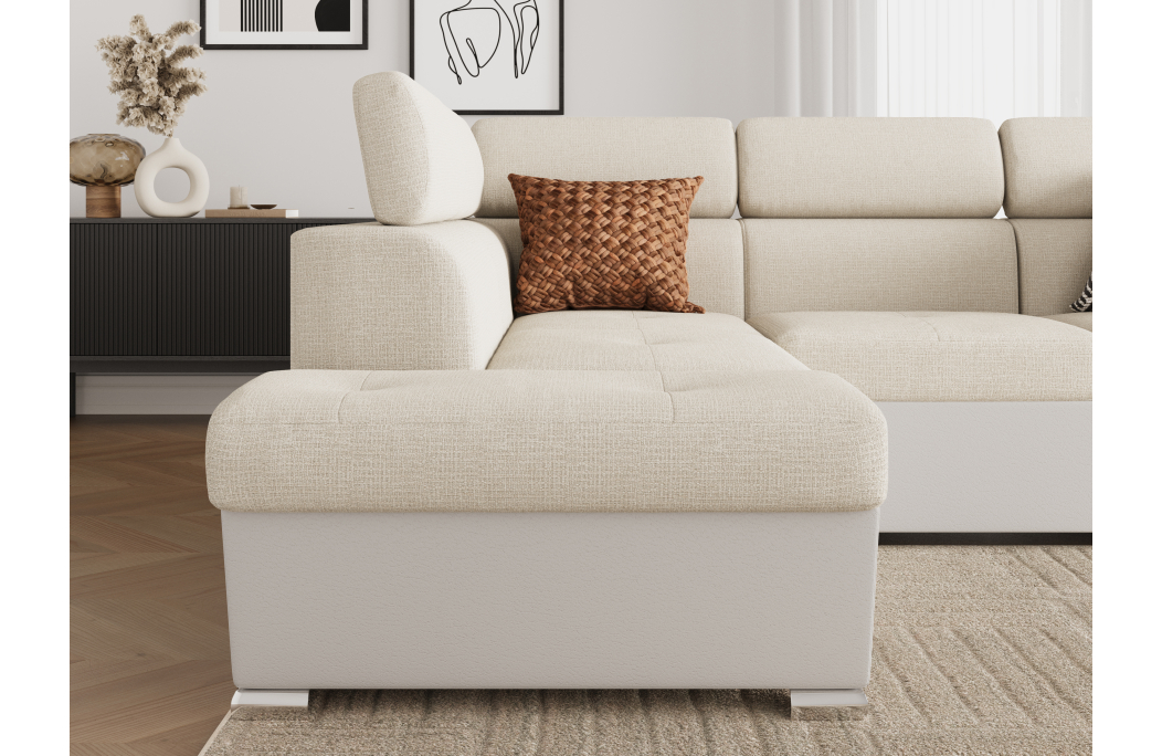 Canapé d'angle PAOLA convertible avec coffre en tissu Easy Clean et simili